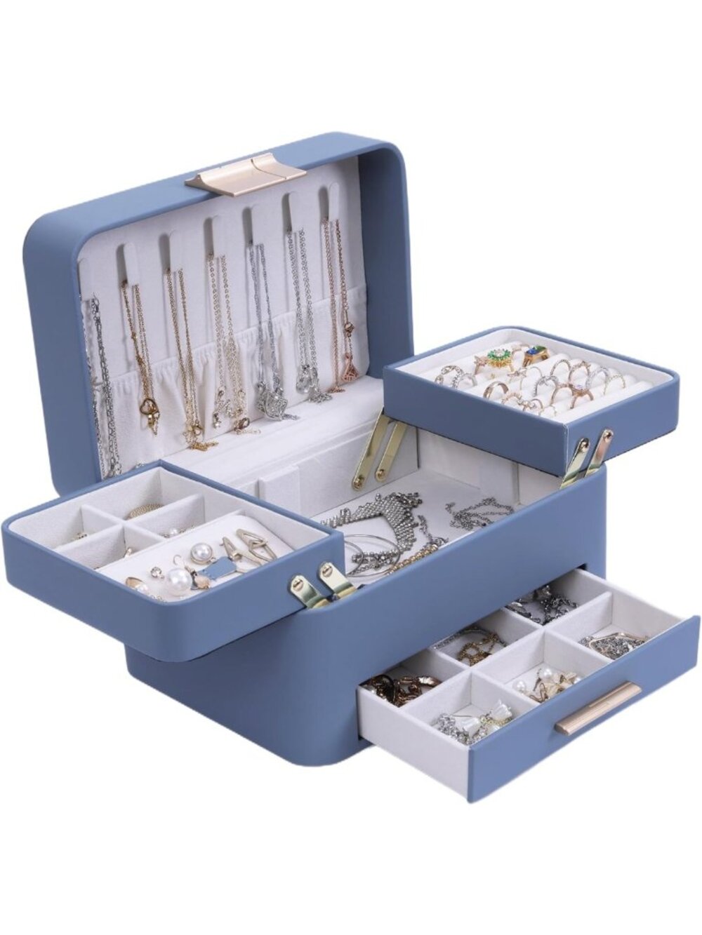 3-Layer Jewelry Organizer Box with Drawers, PU Leather Storage for Earrings